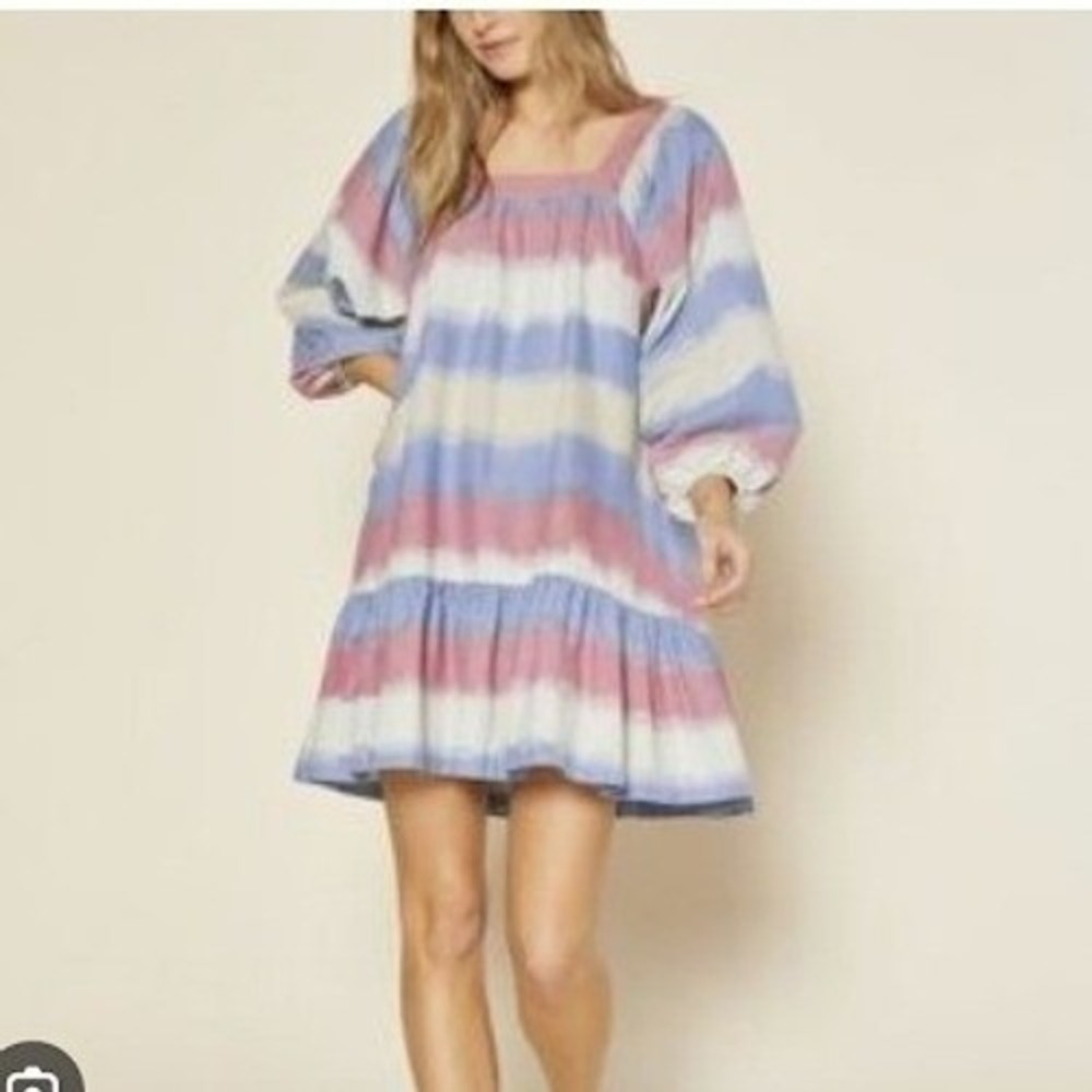 Outerknown Miro Dress 100% Organic Cotton Stripe Puff Sleeve Mini Small NEW